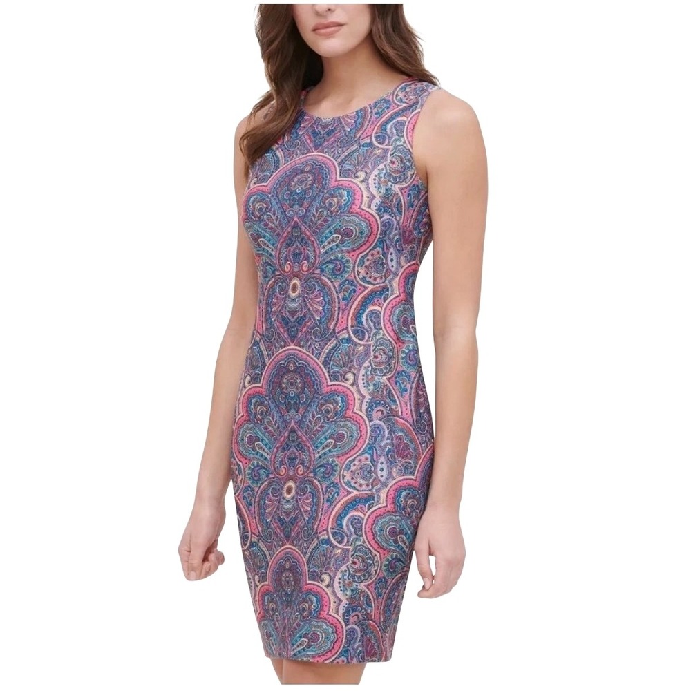 Tommy Hilfiger Pink Blue Paisley Sleeveless Scuba sheath‎ Dress Size 4a